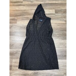 California Cover Womens Black Crochet Hooded Sleeveless Swim Cover Up Dress L